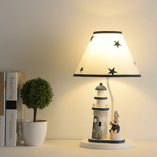 Whimsical Lighthouse Table Lamp - Boy/Girl Cartoon Resin Night Stand Light (White/Blue 1 Light)