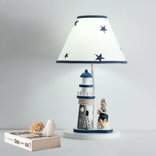 Whimsical Lighthouse Table Lamp - Boy/Girl Cartoon Resin Night Stand Light (White/Blue 1 Light)