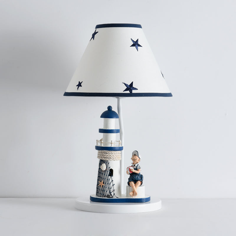 Whimsical Lighthouse Table Lamp - Boy/Girl Cartoon Resin Night Stand Light (White/Blue 1 Light)