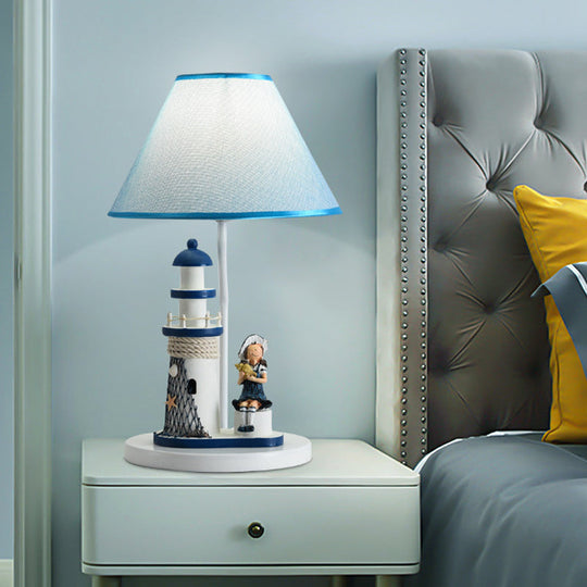 Whimsical Lighthouse Table Lamp - Boy/Girl Cartoon Resin Night Stand Light (White/Blue 1 Light)