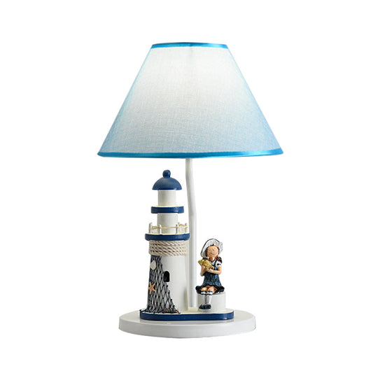 Whimsical Lighthouse Table Lamp - Boy/Girl Cartoon Resin Night Stand Light (White/Blue 1 Light)