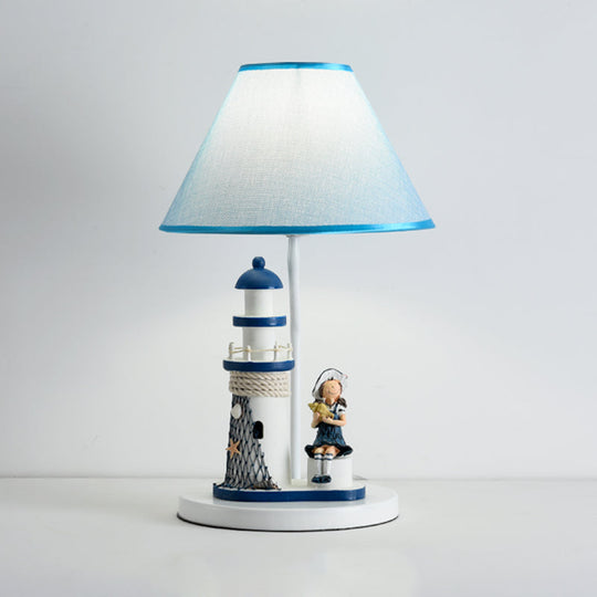 Whimsical Lighthouse Table Lamp - Boy/Girl Cartoon Resin Night Stand Light (White/Blue 1 Light)