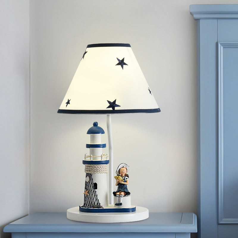 Whimsical Lighthouse Table Lamp - Boy/Girl Cartoon Resin Night Stand Light (White/Blue 1 Light)