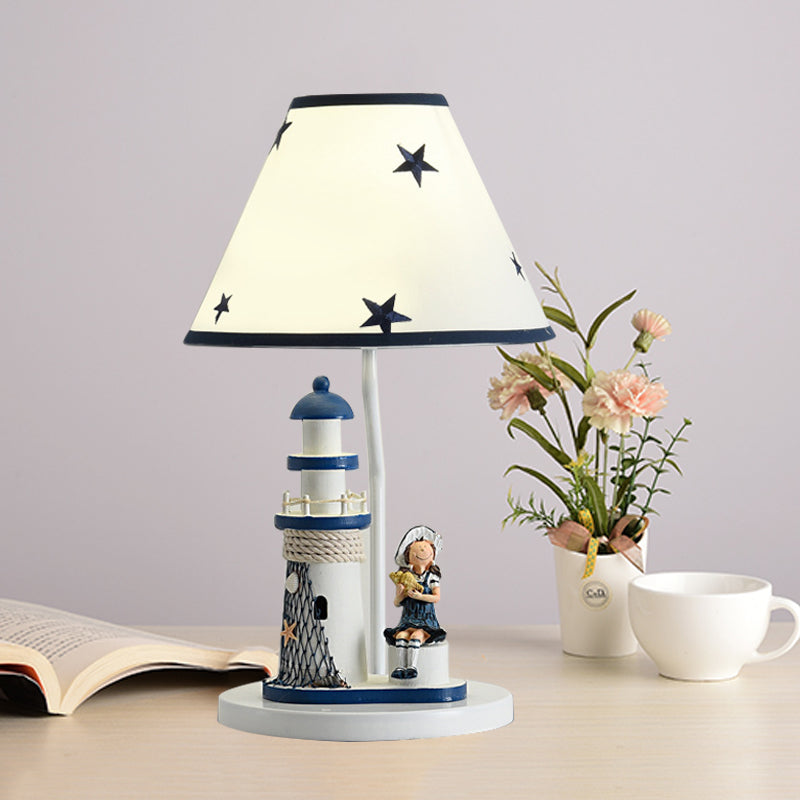 Whimsical Lighthouse Table Lamp - Boy/Girl Cartoon Resin Night Stand Light (White/Blue 1 Light)