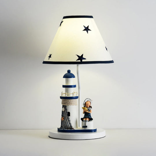 Whimsical Lighthouse Table Lamp - Boy/Girl Cartoon Resin Night Stand Light (White/Blue 1 Light)