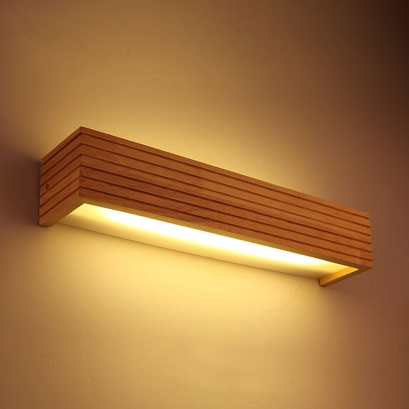 Contemporary Striped Wooden Bedroom Wall Sconce - Wide 1-Head Led Up/Down Light Fixture Beige