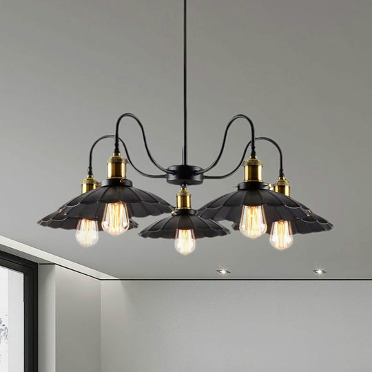 Black Scalloped Chandelier Light: Industrial Metal Pendant With 5 Heads +