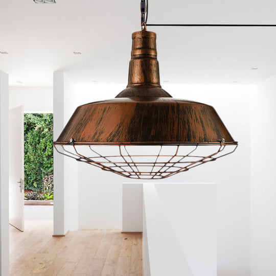 Retro Wire Guard Pendant Light With Barn Shade - 1 Hanging Fixture In Black/Bronze/Rust For Kitchen