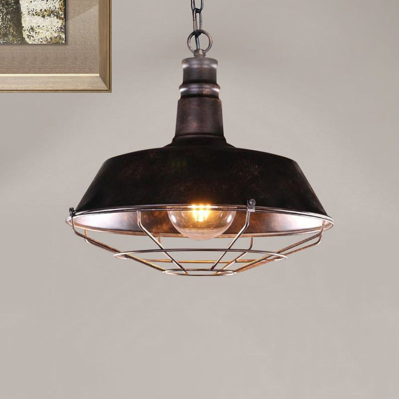 Retro Wire Guard Pendant Light With Barn Shade - 1 Hanging Fixture In Black/Bronze/Rust For Kitchen