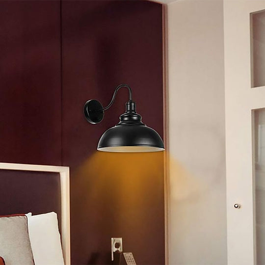 Farmhouse Black Metal Dome Sconce Light - Bedroom Wall Lamp With Plug-In Cord