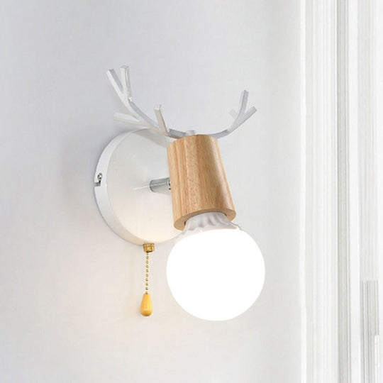 Bare Bulb Sconce With Deer Horn Accent - Modern Black/White Metal And Wood Wall Lamp