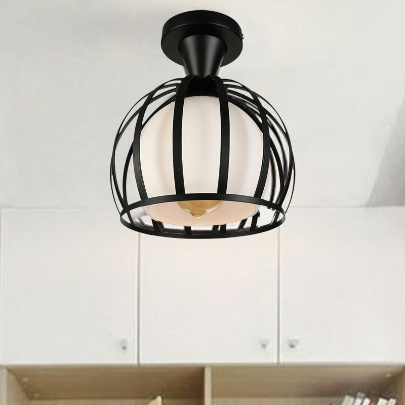 Vintage Style Domed Cage Metal Ceiling Light Fixture - 1 Head Dining Room Semi Mount Lighting in Black/White