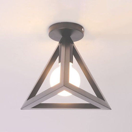 Retro Industrial Wire Cage Ceiling Light with Triangle Shade - 1 Head Metal Lamp in Black/Grey/White