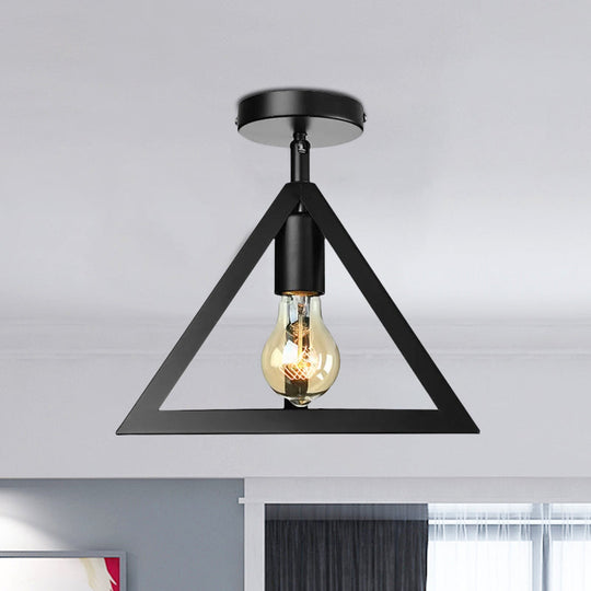 Retro Industrial Wire Cage Ceiling Light with Triangle Shade - 1 Head Metal Lamp in Black/Grey/White