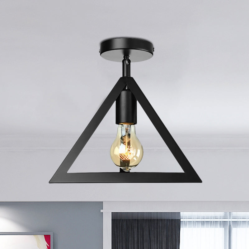 Retro Industrial Wire Cage Ceiling Light With Triangle Shade - 1 Head Metal Lamp In Black/Grey/White