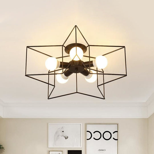 Stylish Star Cage Semi Flush Pendant Light with Metallic Shade - 5 Lights for Bedroom Ceiling Lighting (Black/White)