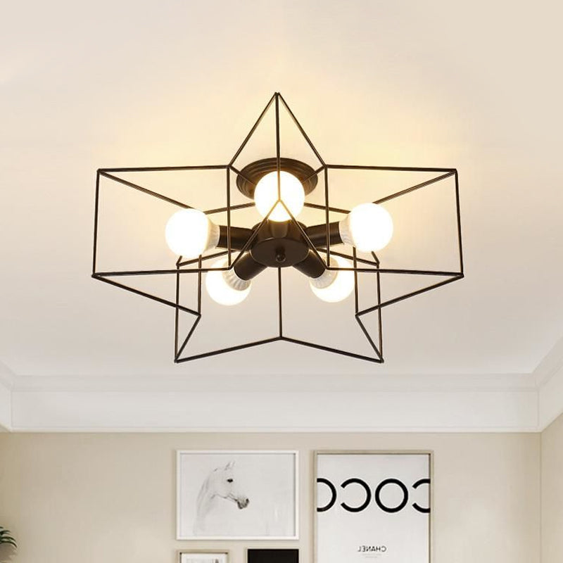 Stylish Star Cage Semi Flush Pendant Light With Metallic Shade - 5 Lights For Bedroom Ceiling