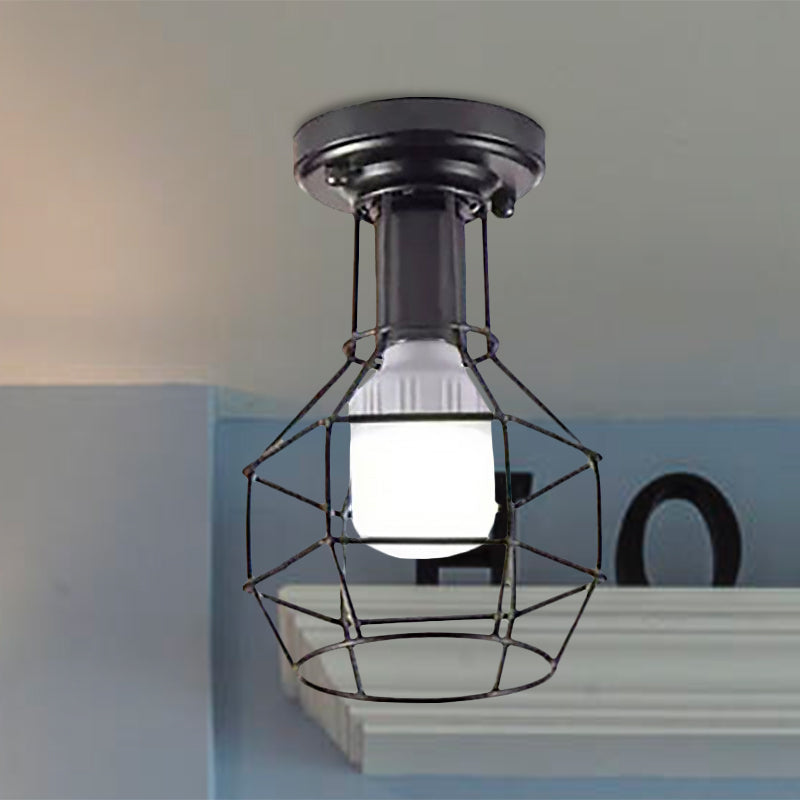 Mini Caged Ceiling Mounted Industrial Black Metal Light Fixture for Corridor