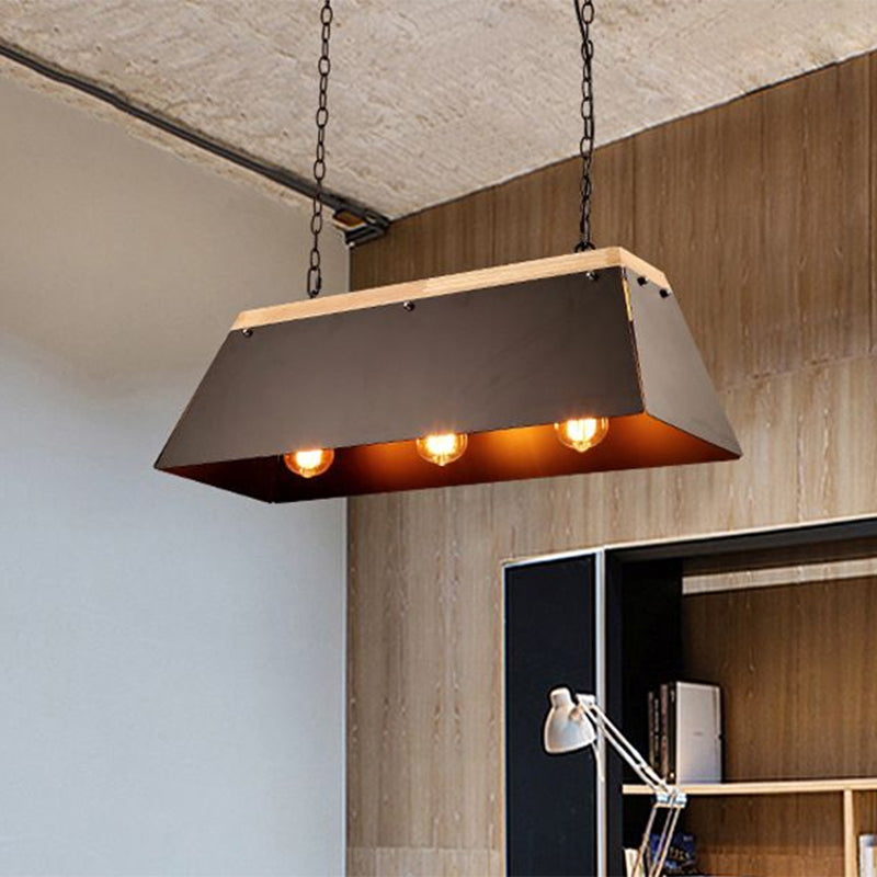 Industrial Metal And Wood Pendant Lamp - 3 Lights Island Lighting With Trapezoid Shade In Black For