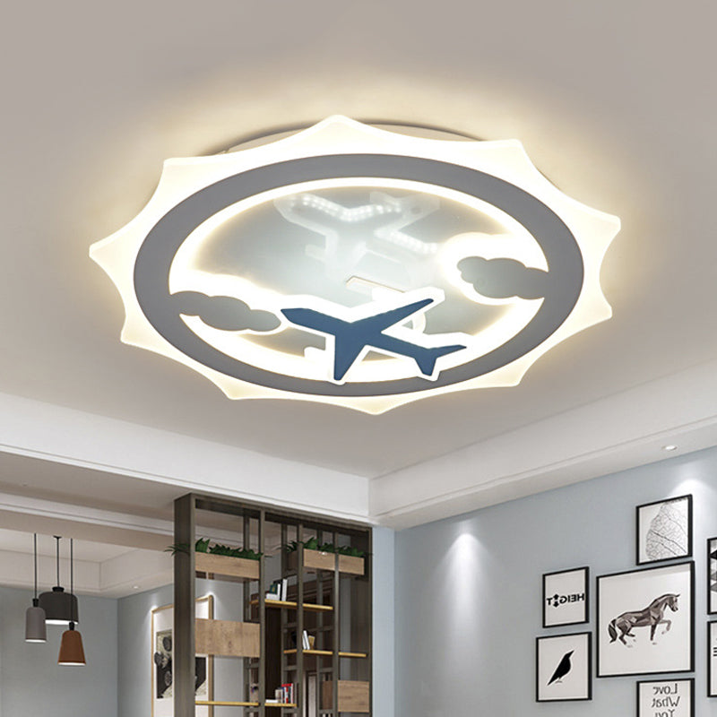 White Led Ceiling Flush Light For Kids With Cloud And Airplane Pattern - Sun Thin Acrylic Recessed