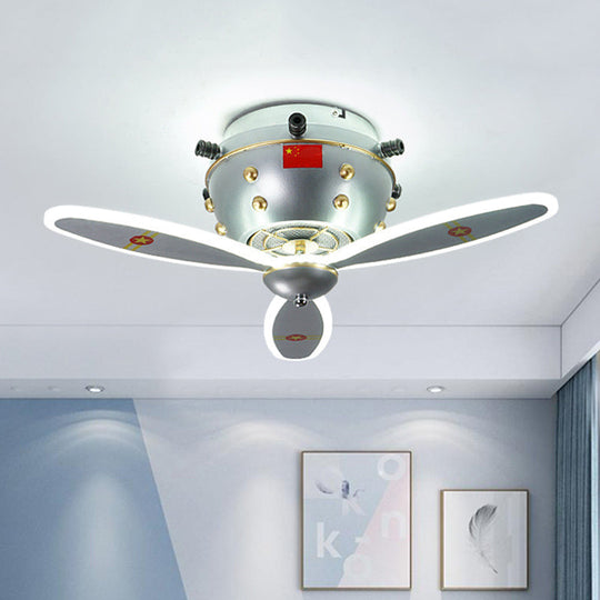 Kids LED Ceiling Light Fixture in Nickel for Boy's Room - Propeller Jet Head Flushmount