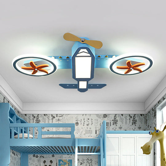 Kids' Blue Jet Plane Ceiling Light with Spinnable Wing and LED Flush Mount