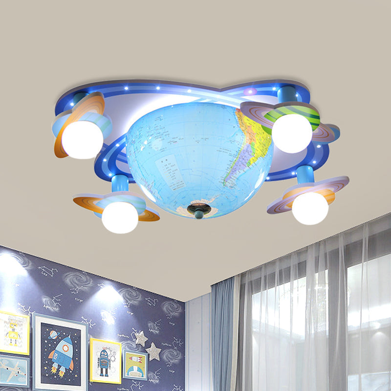 Kids Rotatable Earth Orbit Flush Ceiling Light - Blue Flush Mount Fixture with Acrylic 4 Bulbs, White Base and 3 Color Light Options