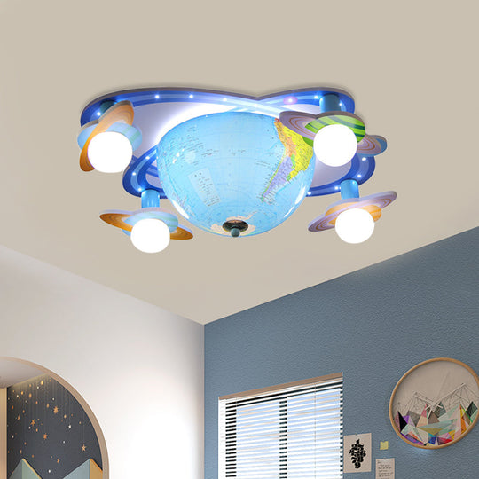 Kids Rotatable Earth Orbit Flush Ceiling Light - Blue Flush Mount Fixture with Acrylic 4 Bulbs, White Base and 3 Color Light Options