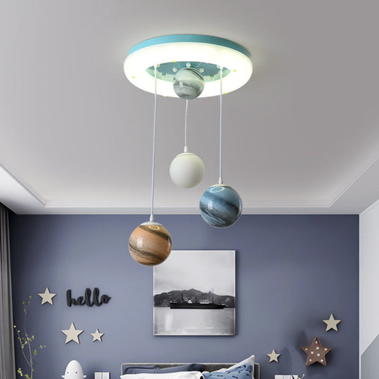 Kids Stained Glass Planet Ceiling Light - Multi-Pendant Blue 4 Heads Circle Glow Canopy