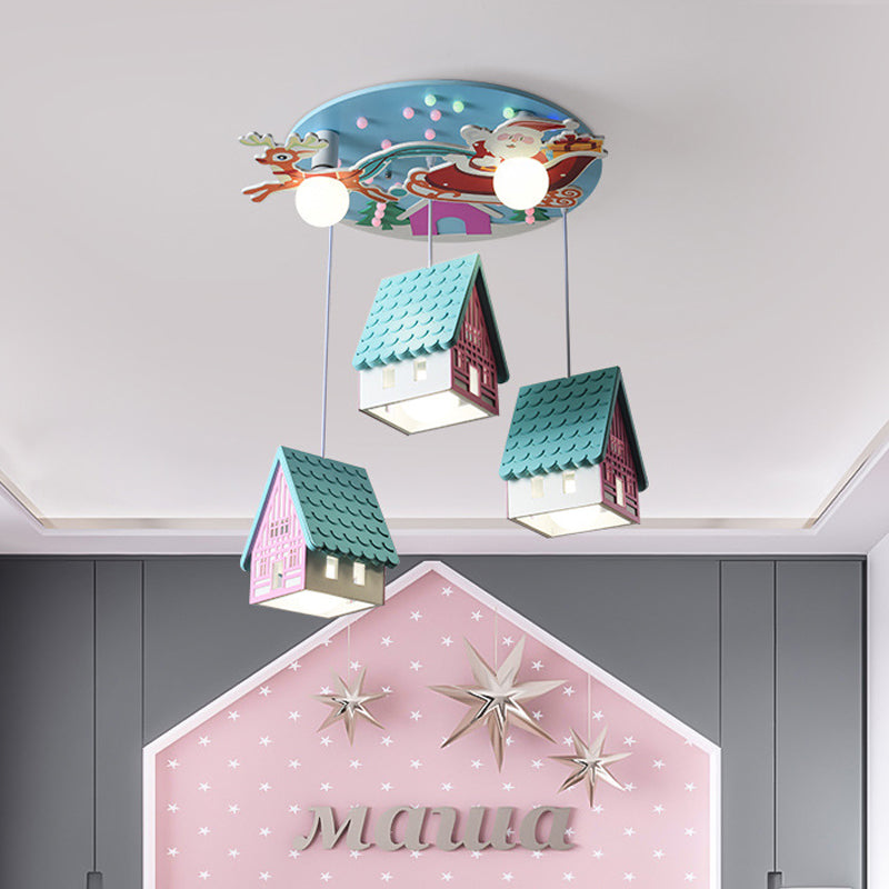 Wooden Tile-Roof House Pendant Light With 5 Cartoon Lights For Kids Bedroom