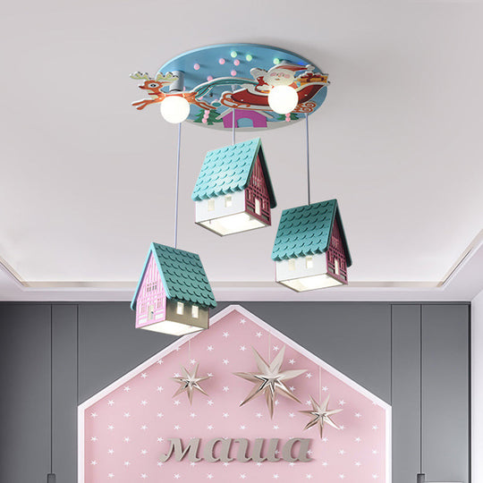 Wooden Tile-Roof House Pendant Light With 5 Cartoon Lights For Kids Bedroom Blue