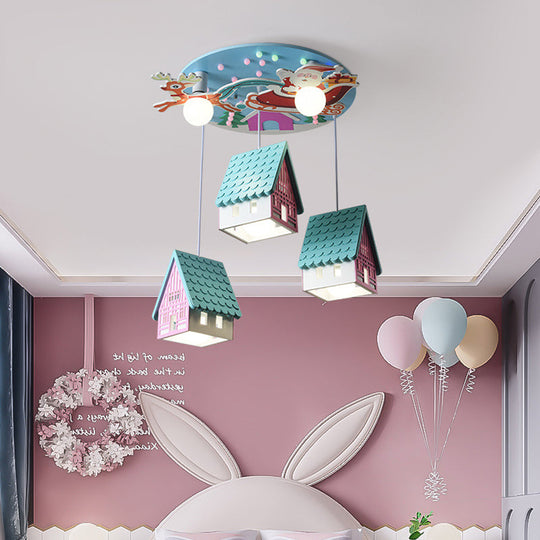 Wooden Tile-Roof House Pendant Light With 5 Cartoon Lights For Kids Bedroom