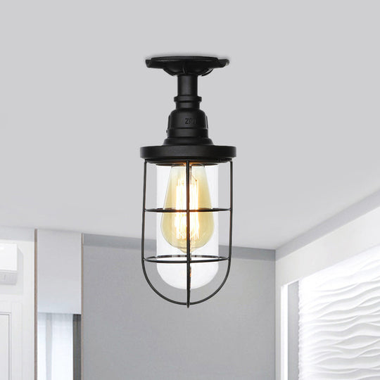 Semi Flushmount Antiqued Black Iron Ceiling Lamp with Clear Glass Shade