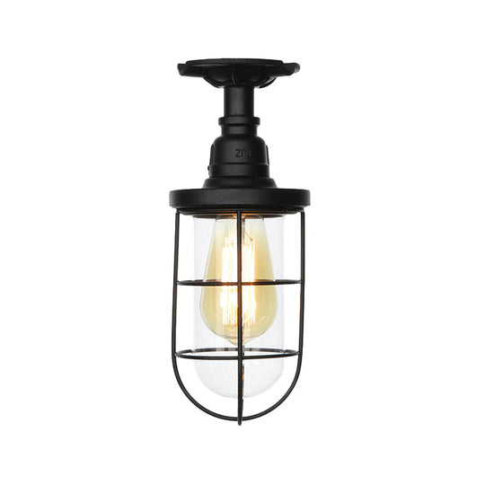 Semi Flushmount Antiqued Black Iron Ceiling Lamp with Clear Glass Shade