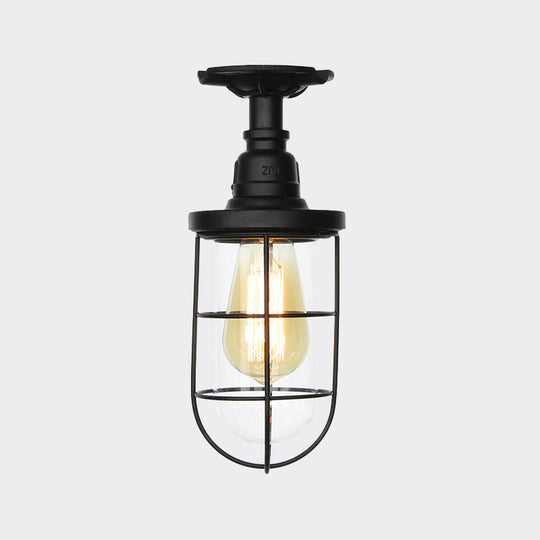 Semi Flushmount Antiqued Black Iron Ceiling Lamp with Clear Glass Shade