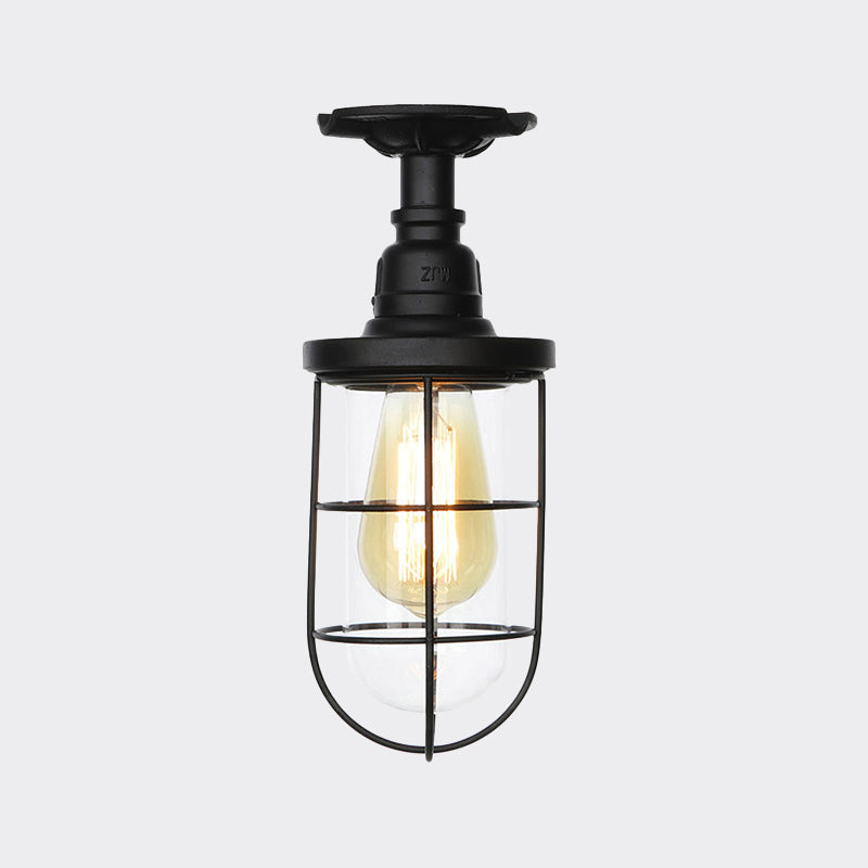 Semi Flushmount Antiqued Black Iron Ceiling Lamp With Clear Glass Shade