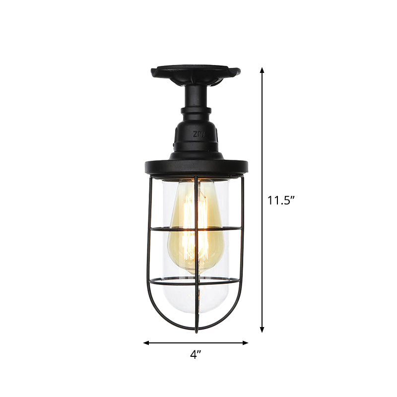 Semi Flushmount Antiqued Black Iron Ceiling Lamp with Clear Glass Shade