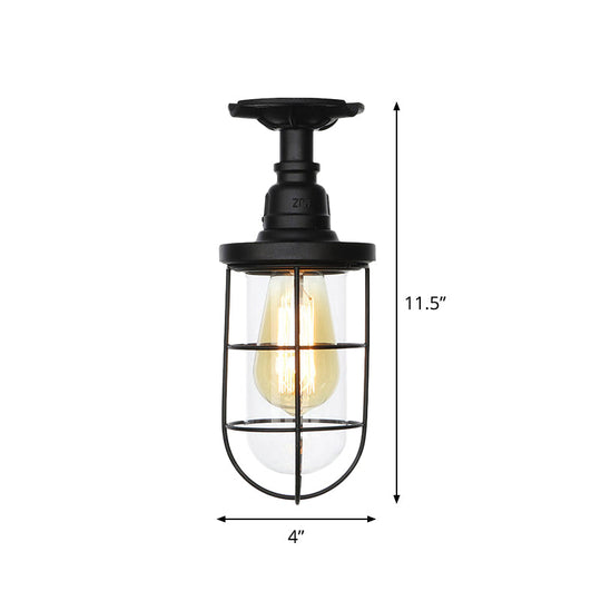 Semi Flushmount Antiqued Black Iron Ceiling Lamp with Clear Glass Shade