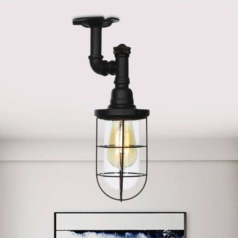 Semi Flushmount Antiqued Black Iron Ceiling Lamp with Clear Glass Shade