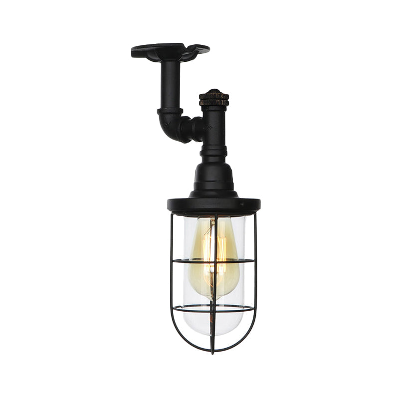 Semi Flushmount Antiqued Black Iron Ceiling Lamp with Clear Glass Shade