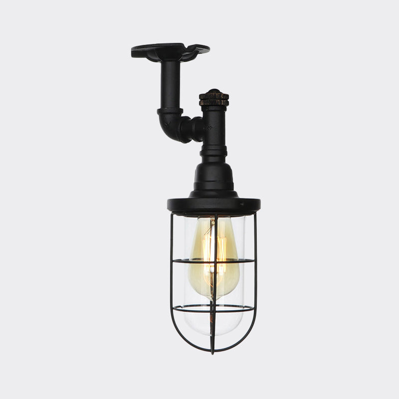 Semi Flushmount Antiqued Black Iron Ceiling Lamp with Clear Glass Shade