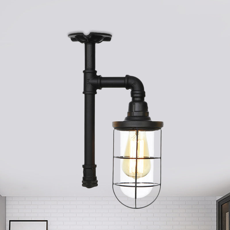 Semi Flushmount Antiqued Black Iron Ceiling Lamp with Clear Glass Shade