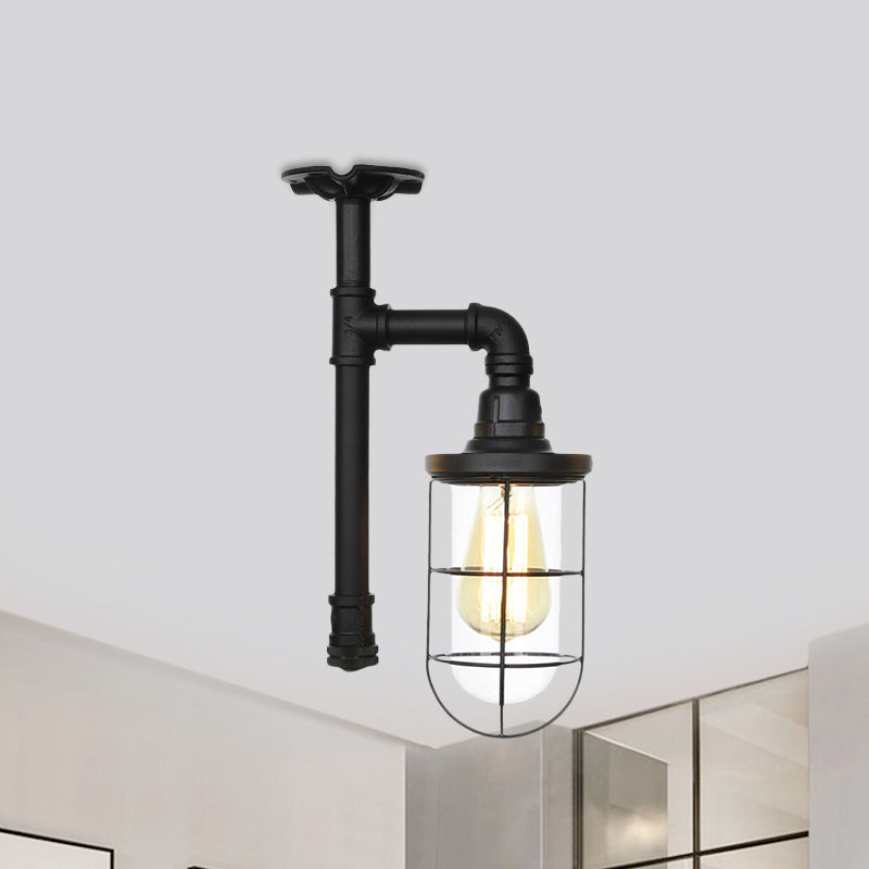 Semi Flushmount Antiqued Black Iron Ceiling Lamp with Clear Glass Shade