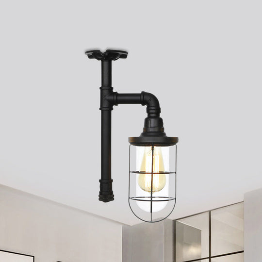 Semi Flushmount Antiqued Black Iron Ceiling Lamp With Clear Glass Shade