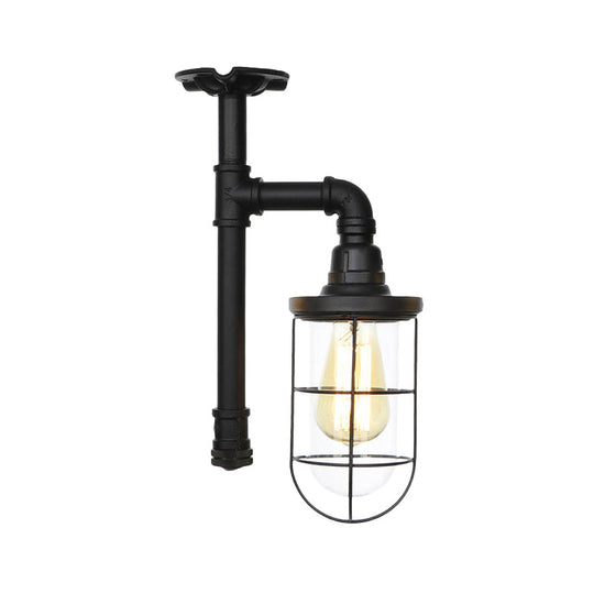 Semi Flushmount Antiqued Black Iron Ceiling Lamp with Clear Glass Shade