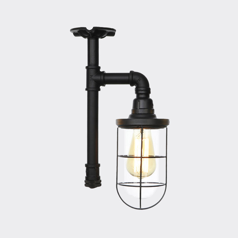 Semi Flushmount Antiqued Black Iron Ceiling Lamp With Clear Glass Shade