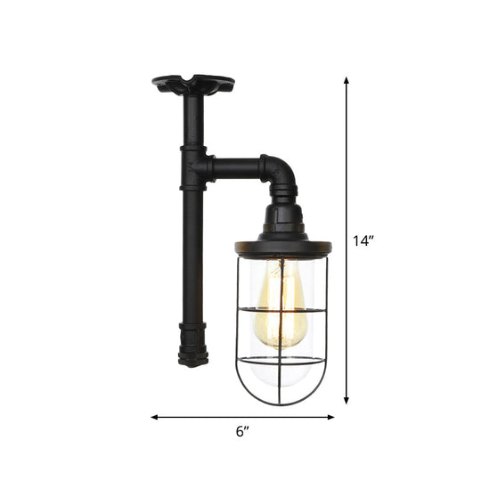 Semi Flushmount Antiqued Black Iron Ceiling Lamp with Clear Glass Shade