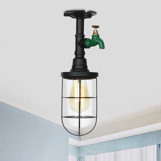 Semi Flushmount Antiqued Black Iron Ceiling Lamp with Clear Glass Shade