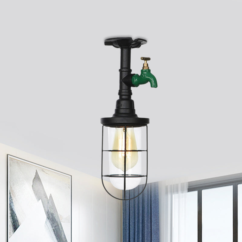 Semi Flushmount Antiqued Black Iron Ceiling Lamp with Clear Glass Shade