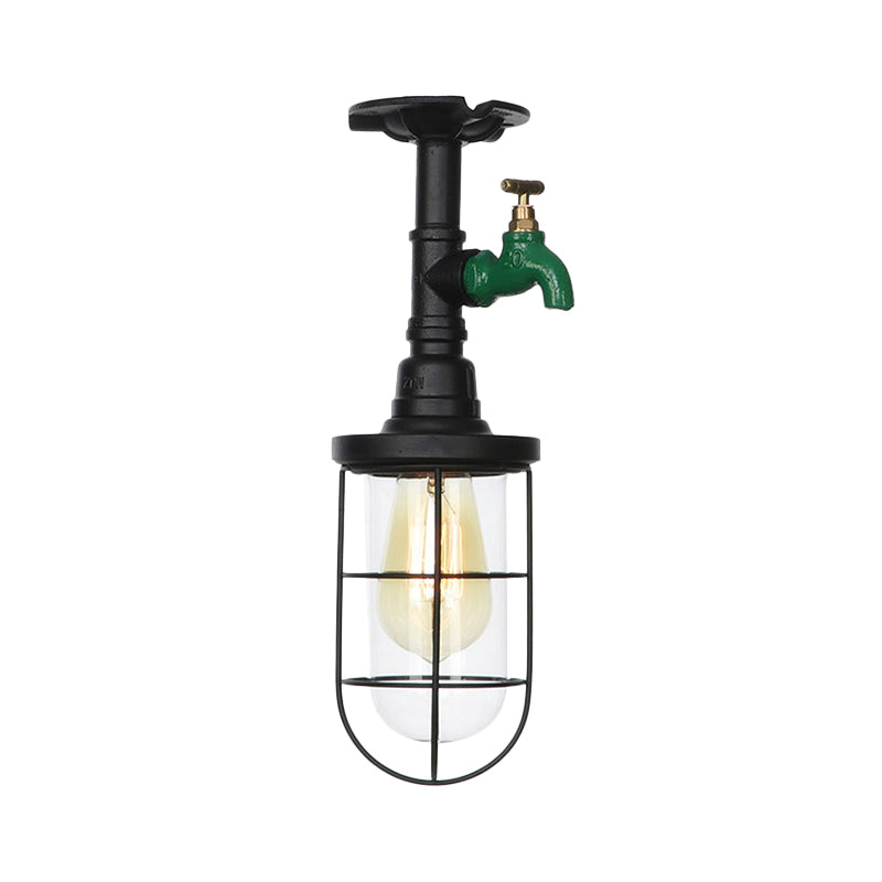 Semi Flushmount Antiqued Black Iron Ceiling Lamp with Clear Glass Shade